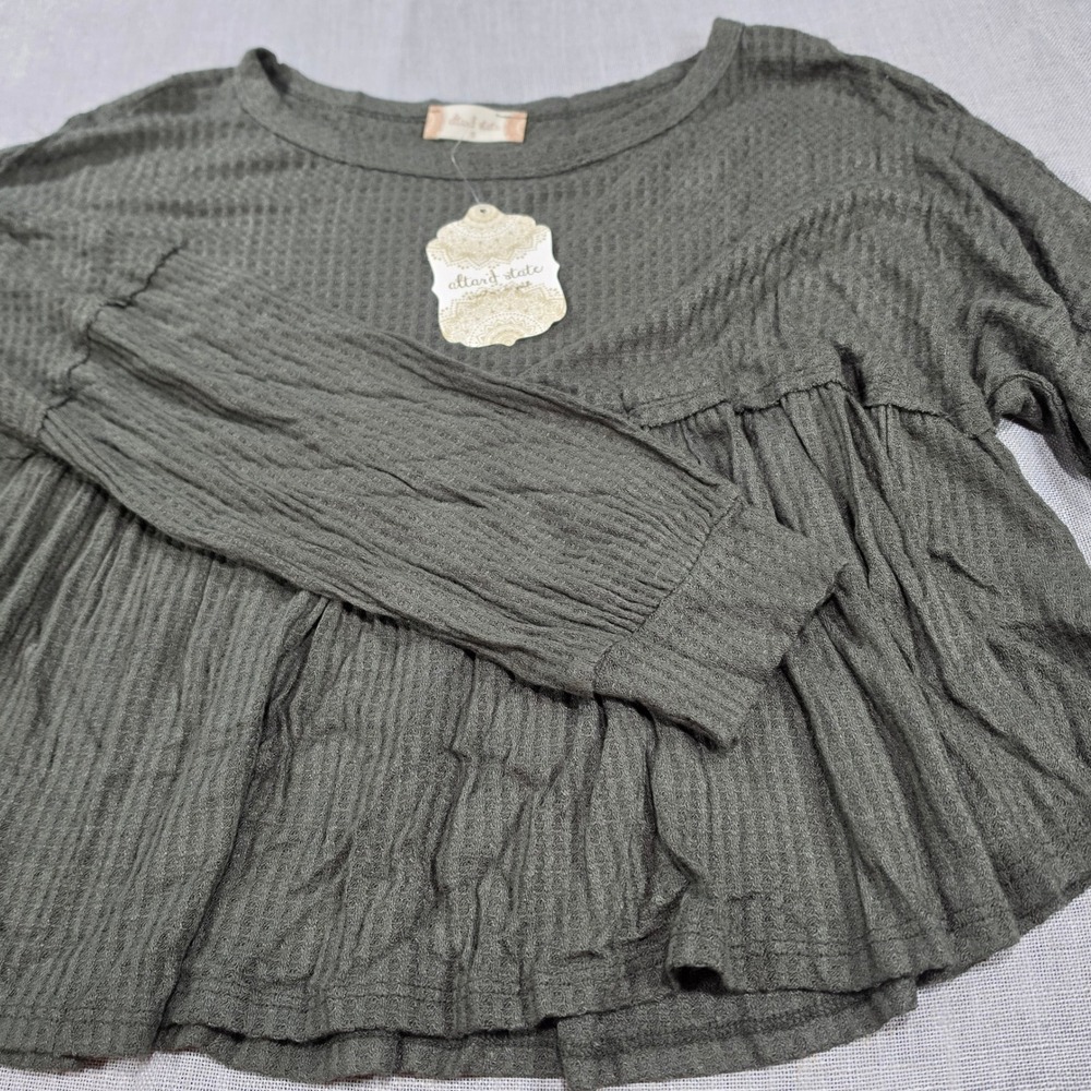 Altar'd State Peplum Top Womens Small Olive Green NWT Waffle Knit Long Sleeve